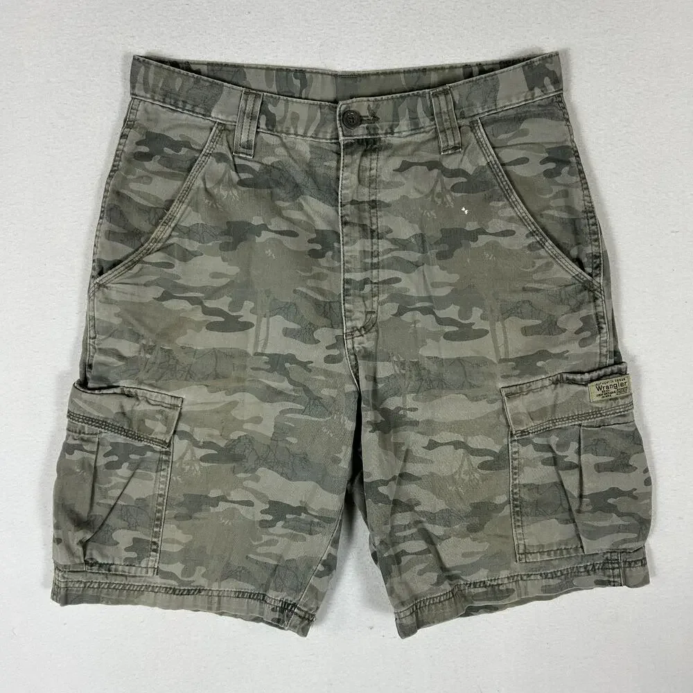 Wrangler Hero Shorts Men' 32 Green Army Camo Cotton Relaxed Cargo Pocket Hiking